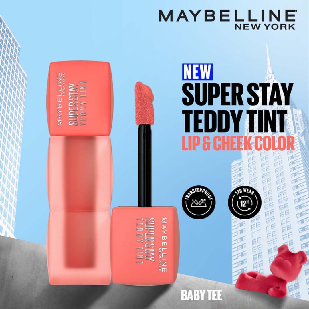 Maybelline New York Super Stay Teddy Tint - Lip and Cheek Color, Baby Tee, 5ml | Teddy Soft Matte up to 12Hr | Multi Use | Comfortable Long wear formula | Buildable | Natural flushed look in one swipe