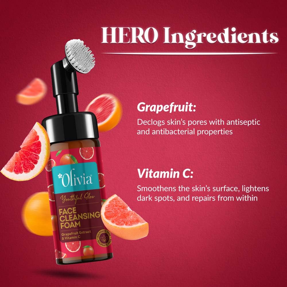 Olivia Youthful Glow Face Cleansing Foam, Built In Brush Face Wash For Deep Cleansing, Massage, Exfoliate, Glowing Bright Skin With Grapefruit Extract & Vitamin C - 150Ml