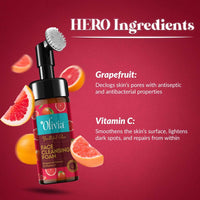 Olivia Youthful Glow Face Cleansing Foam, Built In Brush Face Wash For Deep Cleansing, Massage, Exfoliate, Glowing Bright Skin With Grapefruit Extract & Vitamin C - 150Ml