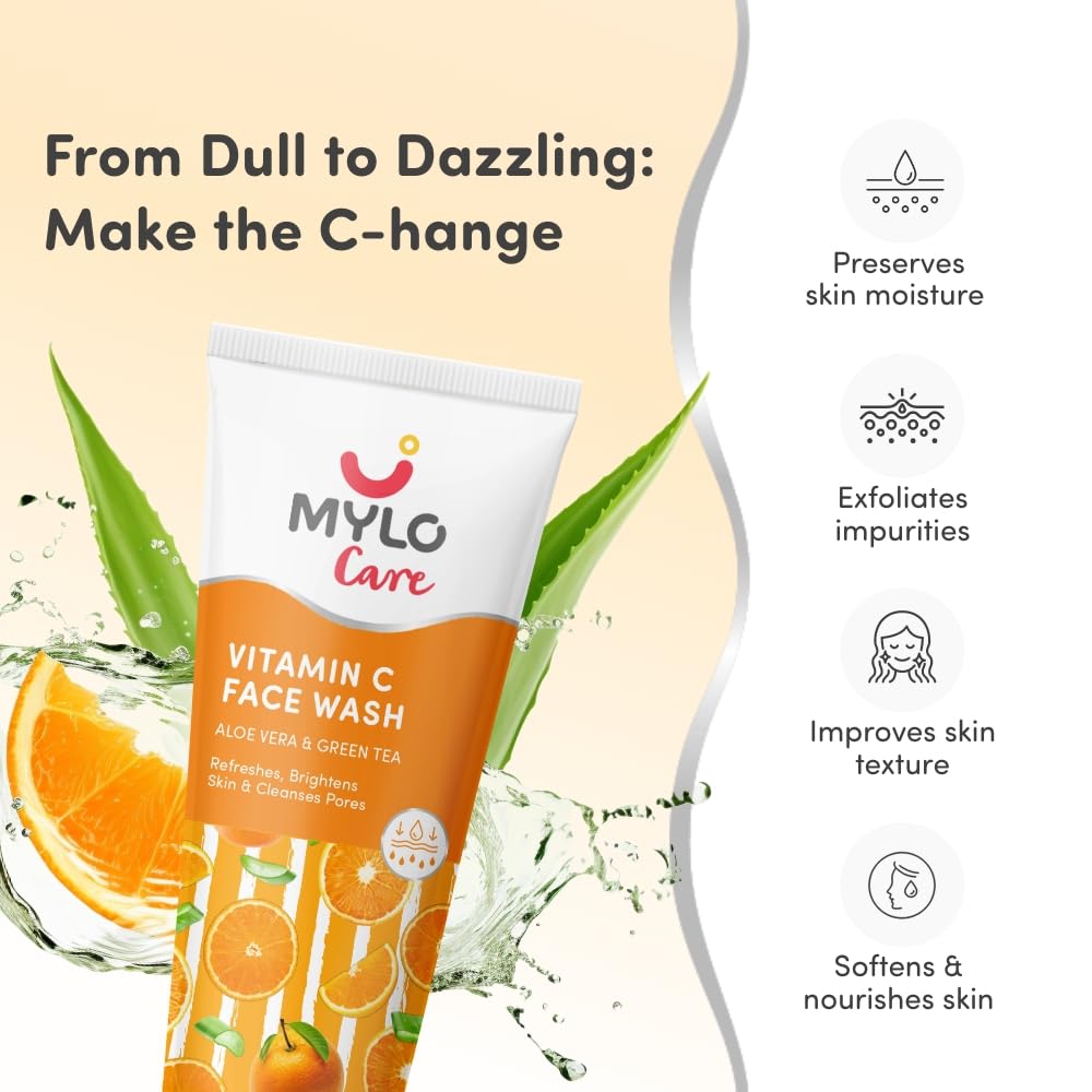 Mylo Care Vitamin C Refreshing & Brightening Face Wash - With Aloe Vera, Green Tea & Sugarcane Extracts - Hydrating Face Wash for Glowing Skin - Vitamin C Foaming Face Wash for All Skin Types -100ml