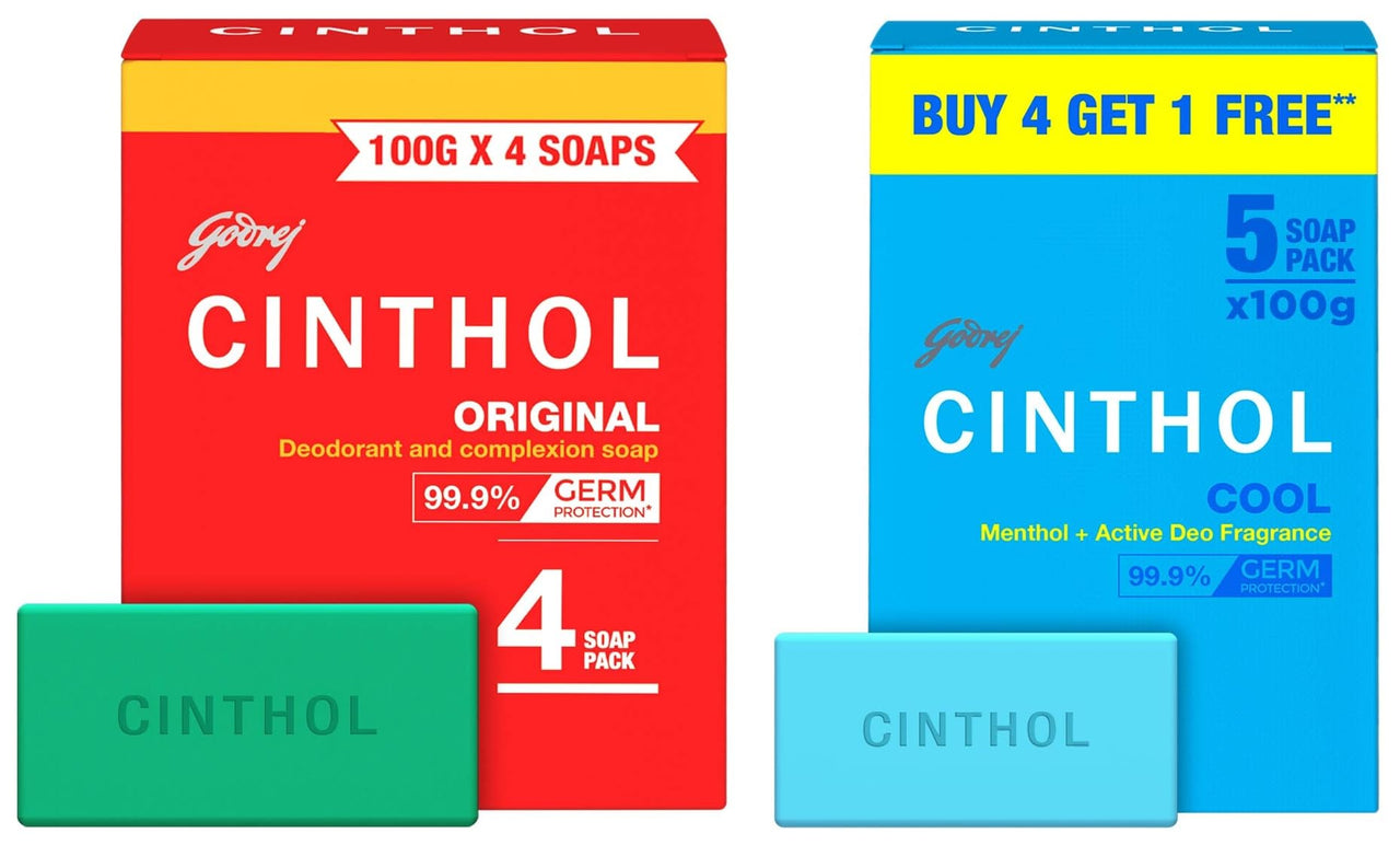Cinthol Cool Soap, 100g (Pack of 5) | with Icy-cool Menthol | Soaps For Bath | Grade 1 Soap, 100g (Pack of 4) | Germ Protection | Soaps For Bath | Grade 1 Soap | For All Skin Types