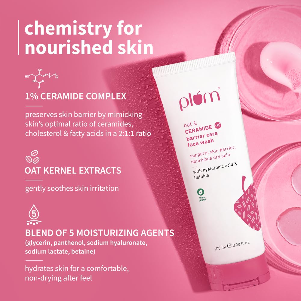 Plum Oat & 1% Ceramide Barrier Care Face Wash | Maintains & Preserves Skin Barrier | Hydrates & Nourishes Skin | Sulphate-free & Non-drying | For Normal, Dry skin | Women & Men | 100ml