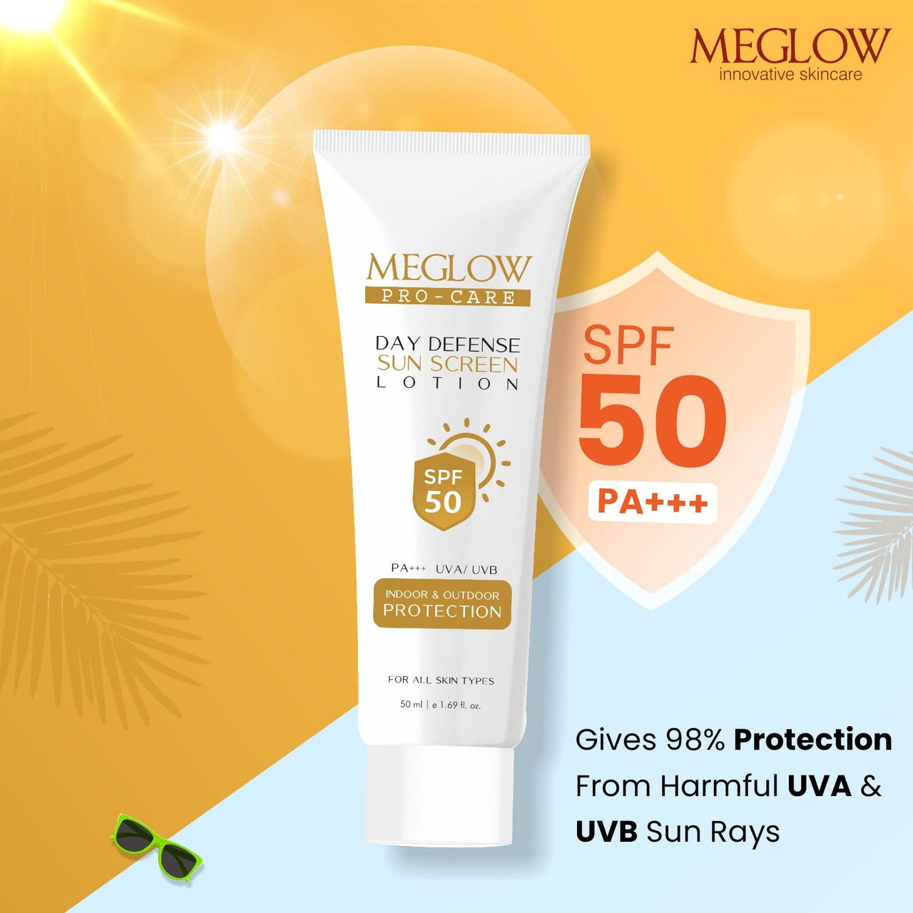 Meglow Pro-Care SPF 50 PA+++ Sunscreen Lotion for Face & Body (50ml) – Broad Spectrum UVA/UVB Protection & Blue Light Defense, Intense Hydration for All Skin Types