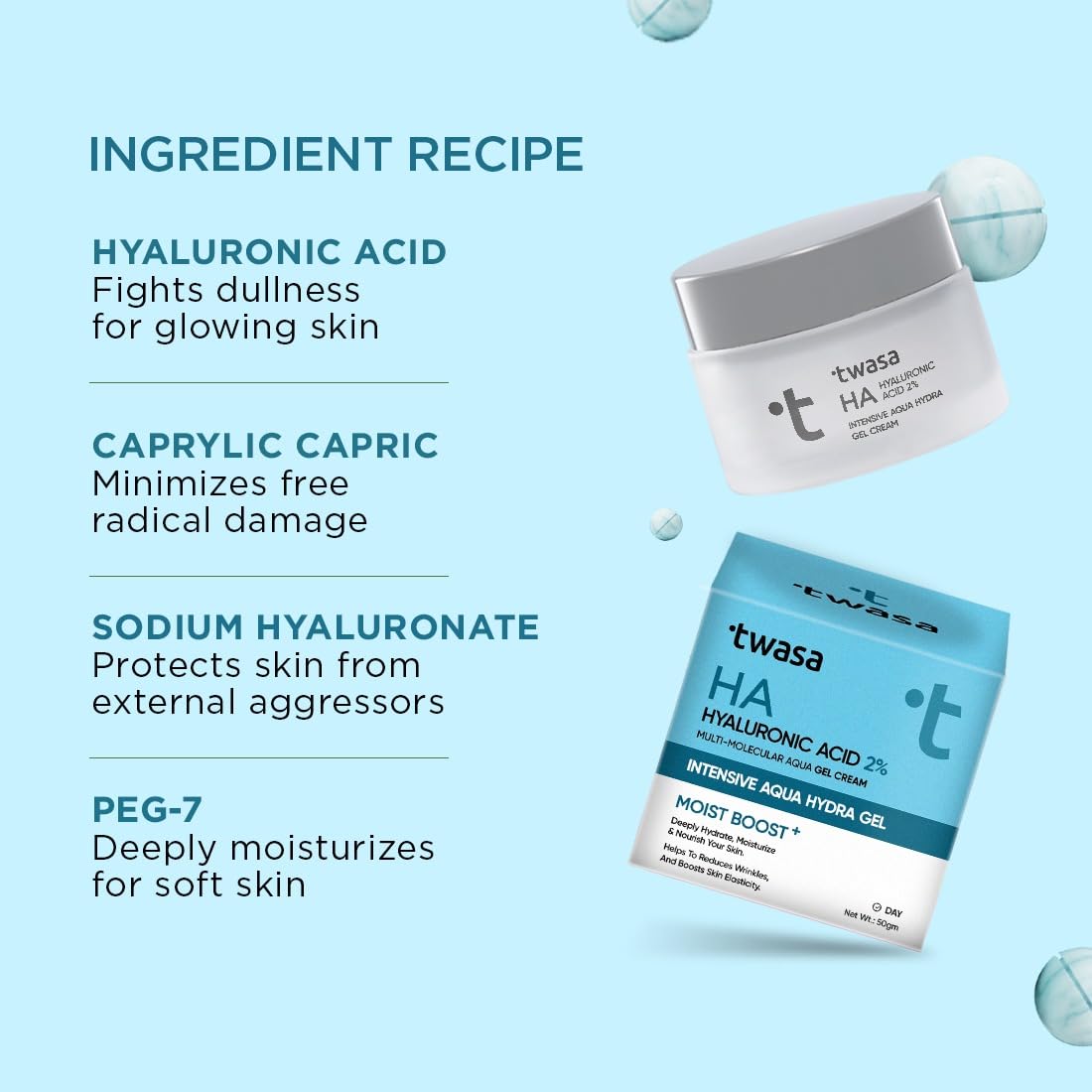 Twasa 2% Hyaluronic Acid Gel Cream 50g | Oil-Free, Non-Sticky, Light Water Gel for Fast Absorption & Intense Hydration | Long Lasting Hydration | For Dry Skin, Normal & Sensitive Skin
