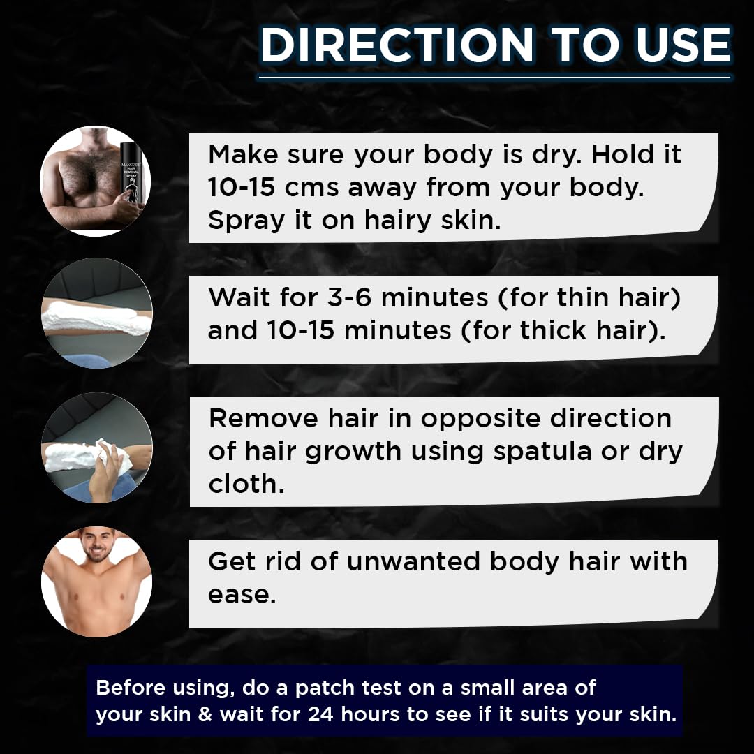 Mancode Hair Removal Cream Spray for Men, Hair removal spray for men, Painless Body Hair Removal for Back, Chest, Legs, Arms, Underarms & Intimate Areas, Fast Acting in 3-6 Minutes (200 ml)