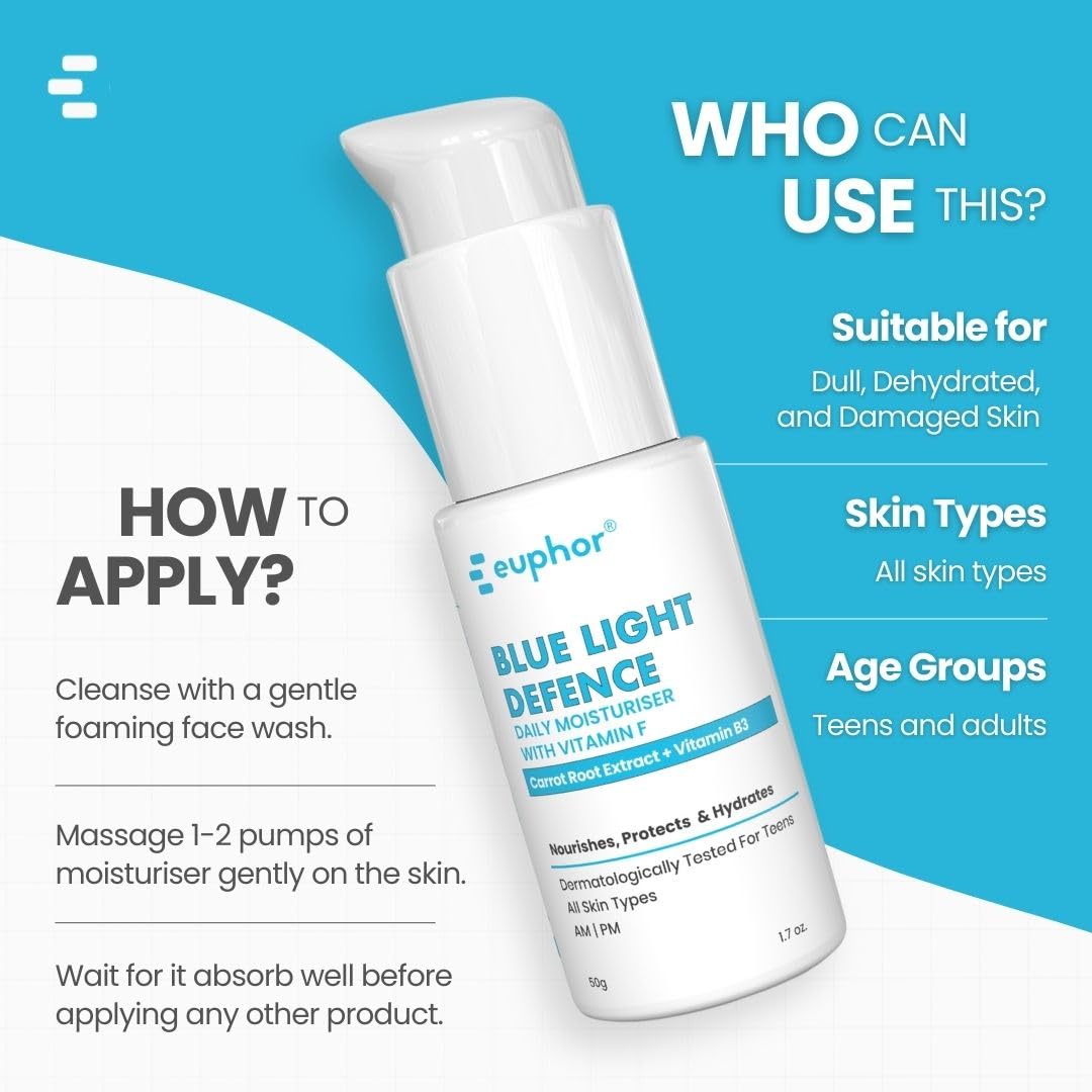 Euphor Teens | Daily Light-weight Moisturizer- Blue Light Defence | Protects, Nourishes and Hydrates | Niacinamide, Vitamin F, Carrot Root Extract | All Skin Types | PEG-free, No Parabens and Sulphates | 50g | For Women and Men
