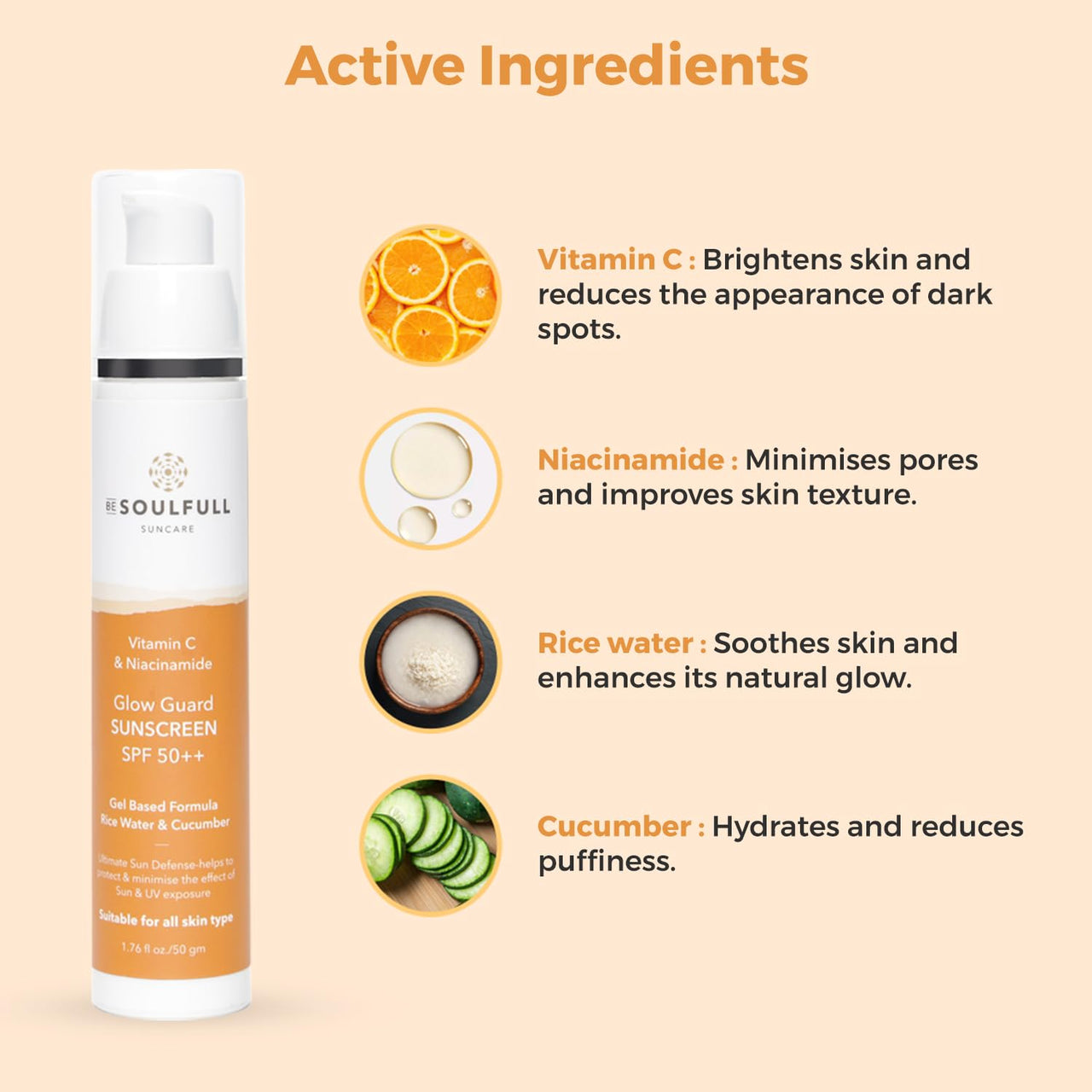 Be Soulfull Glow Guard Sunscreen with SPF 50+++Ultimate Sun Defense- helps to protect & minimise the effect of Sun & UV exposer- 50gms/.35 fl oz with