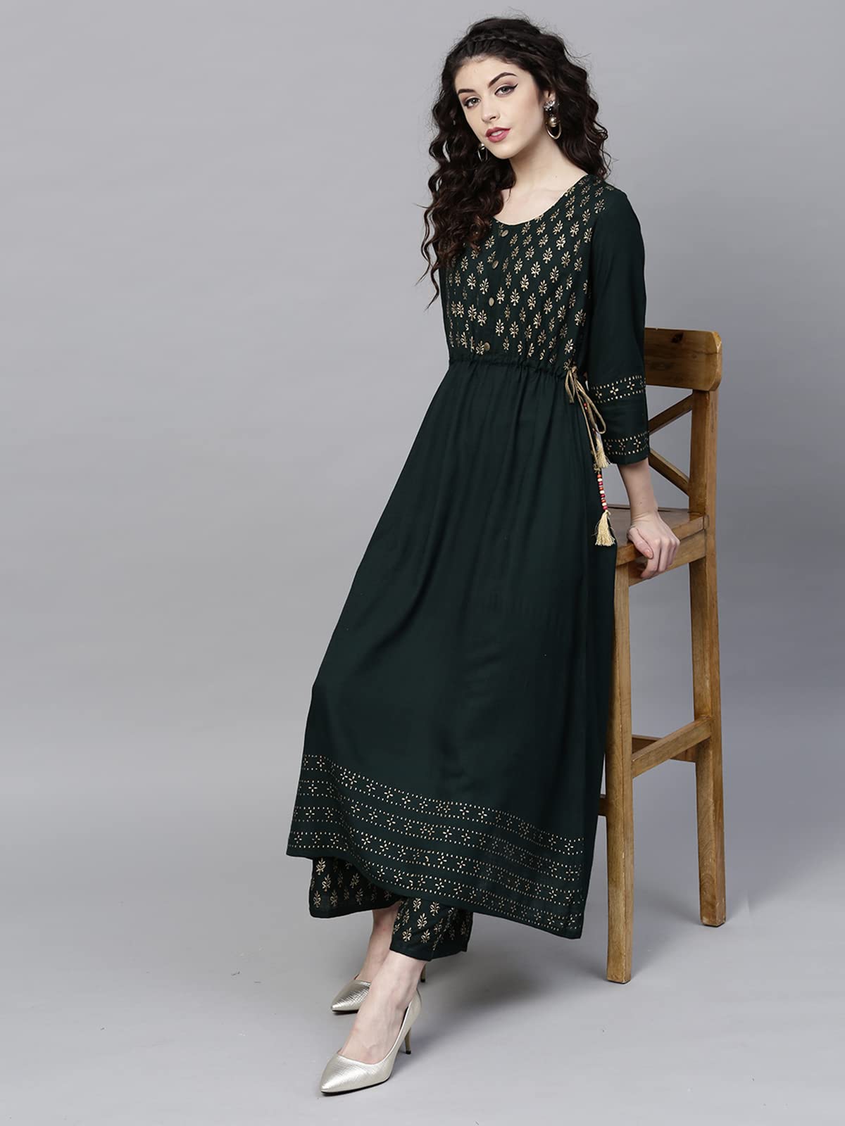 ishin Women's  Rayon Green Printed Anarkali Kurta set With Palazzo