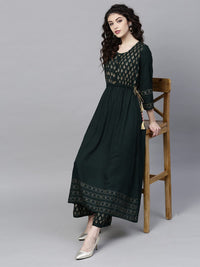 ishin Women's  Rayon Green Printed Anarkali Kurta set With Palazzo