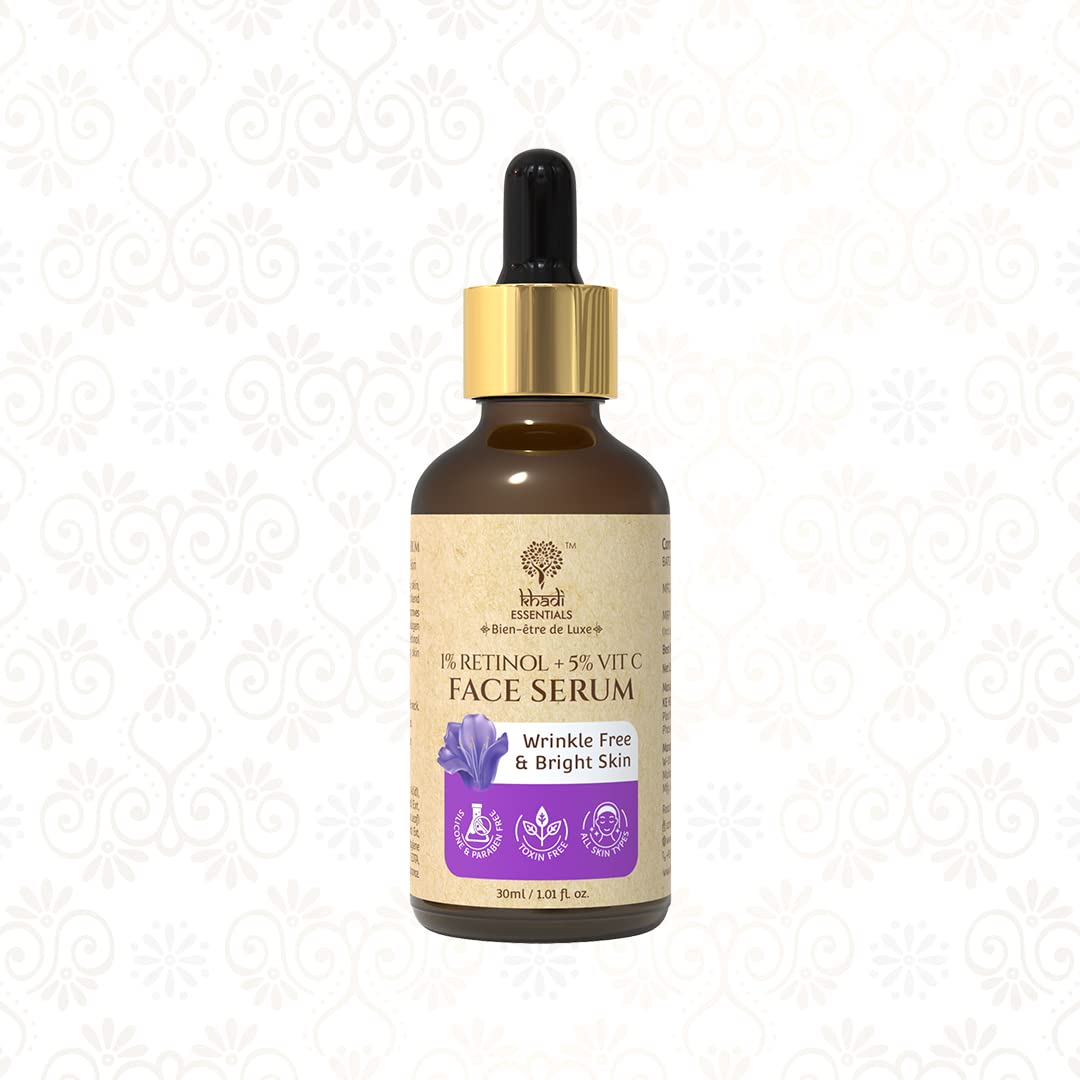 Khadi Essentials 1% Retinol & 5% Vitamin C Face Serum with Bakuchi Extracts for Bright Skin | Reduces Fine Lines, Wrinkles & Pigmentation | for All Skin Type - 30ml