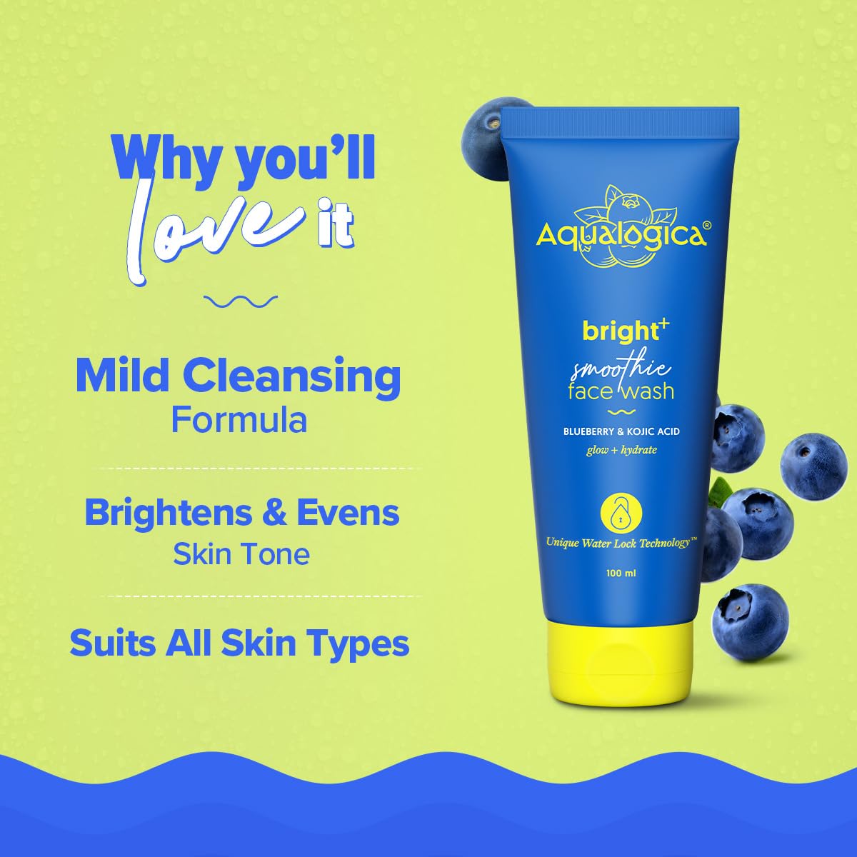 Aqualogica Bright+ Smoothie Face Wash | Brightening Face Wash for Glowing Skin | Deep Cleansing & Gentle Exfoliation | With Blueberry, Kojic Acid, AHAs & BHAs | For All Skin Types | For Men & Women | 100 ml