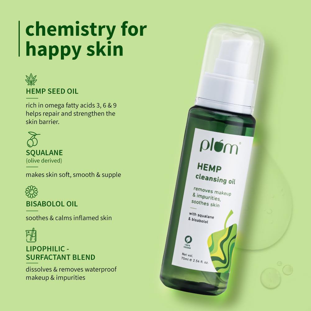Plum Hemp Cleansing Oil | Removes Makeup & Impurities | Soothes Skin | With Squalane & Bisabolol | All Skin Types | 100% Vegan | 75ml
