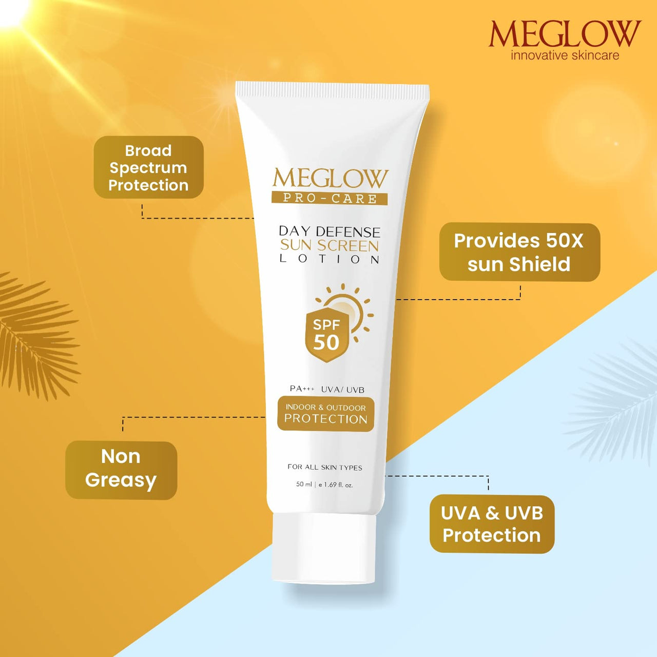 Meglow Pro-Care SPF 50 PA+++ Sunscreen Lotion for Face & Body (50ml) – Broad Spectrum UVA/UVB Protection & Blue Light Defense, Intense Hydration for All Skin Types