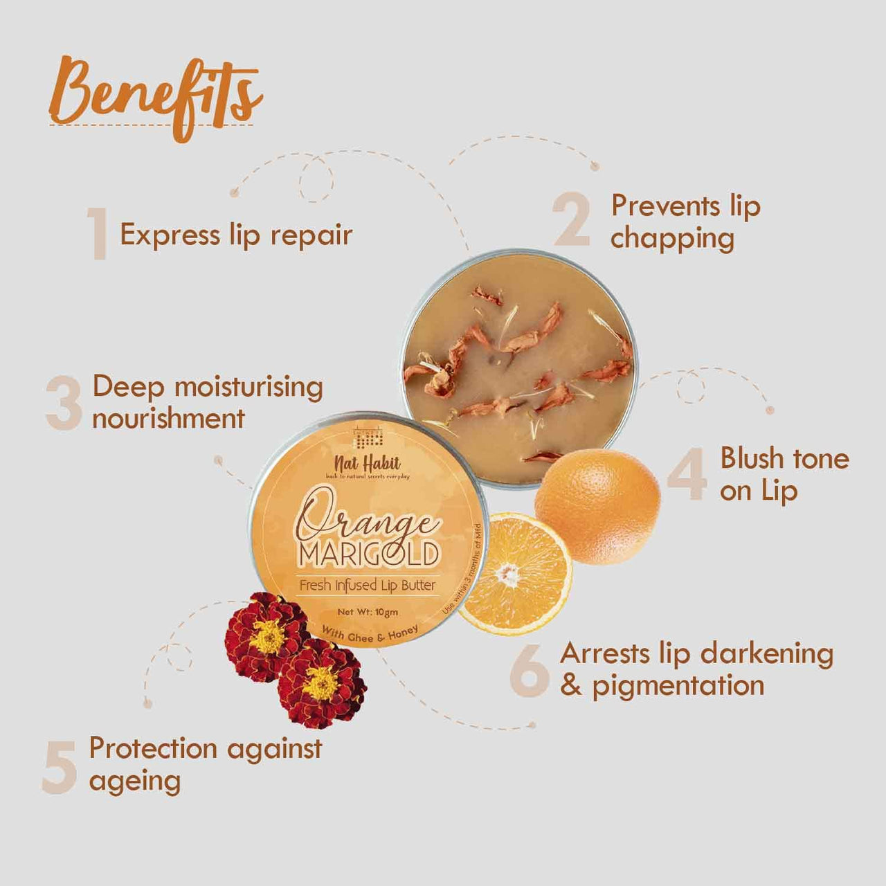 Nat Habit Orange Marigold Lip Balm Fresh Infused Lip Butter With Desi Ghee & Raw Honey For Lip Pigmentation, Lightening, Lip Repair, Dark And Chapped Lips (10gm) (Pack of 2)