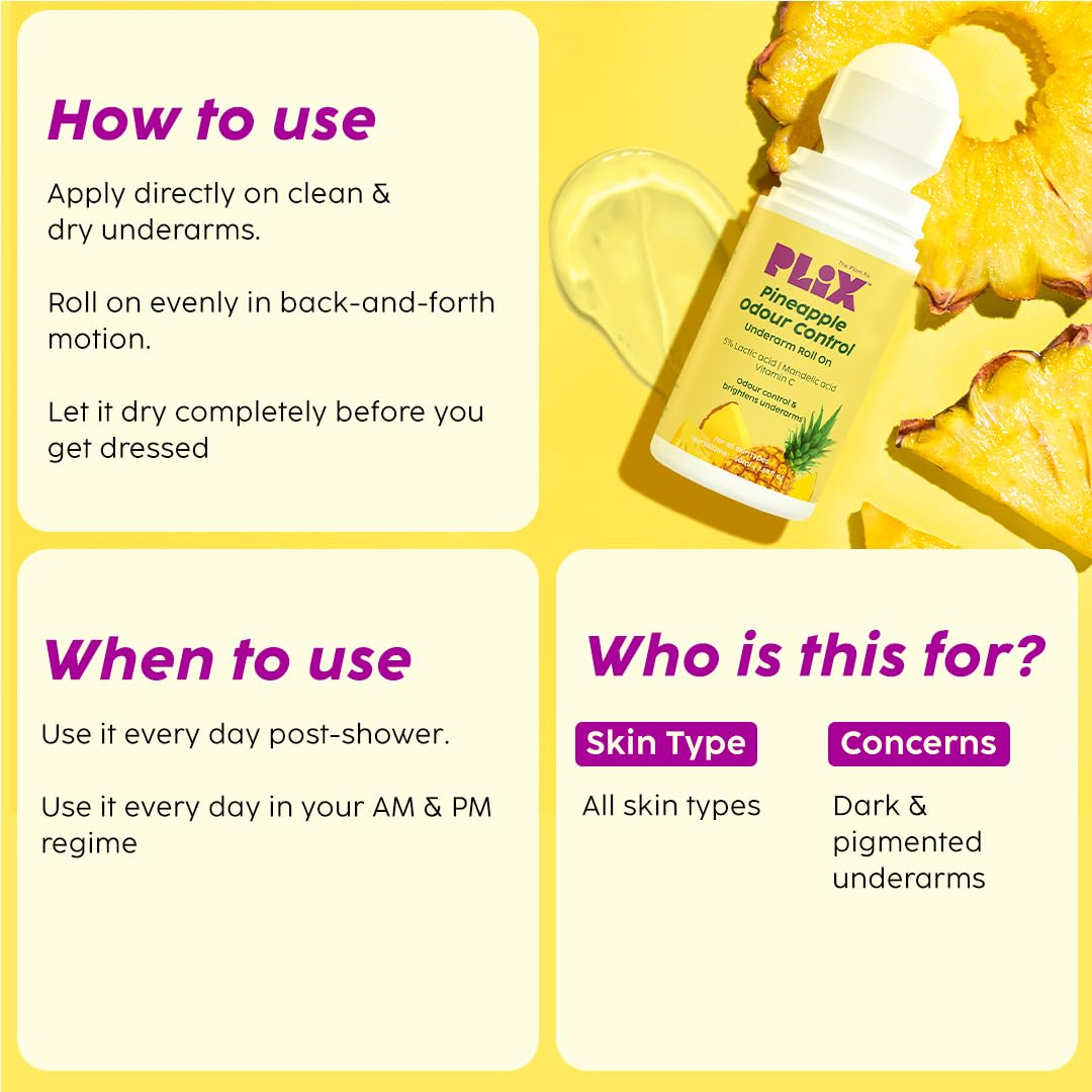 PLIX - THE PLANT FIX Pineapple Odour Control Underarm Roll-On (50Ml) With 5% Lactic Acid & 1% Mandelic Acid, Prevents Body Smell, Brightens Skin & Exfoliates Underarm, Alcohol Free - Lotion