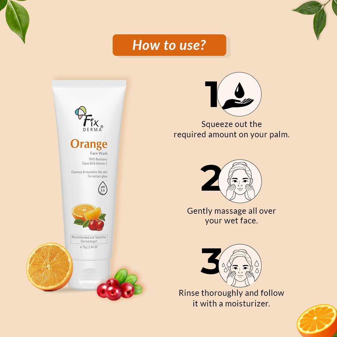 Fixderma Orange Face Wash with Vitamin E & Bearberry | Tan Removal Face Wash | Face Wash & Face Cleanser | Face Wash for Oily Skin (All Type Skin) | Face Wash for Women & Men - 75g