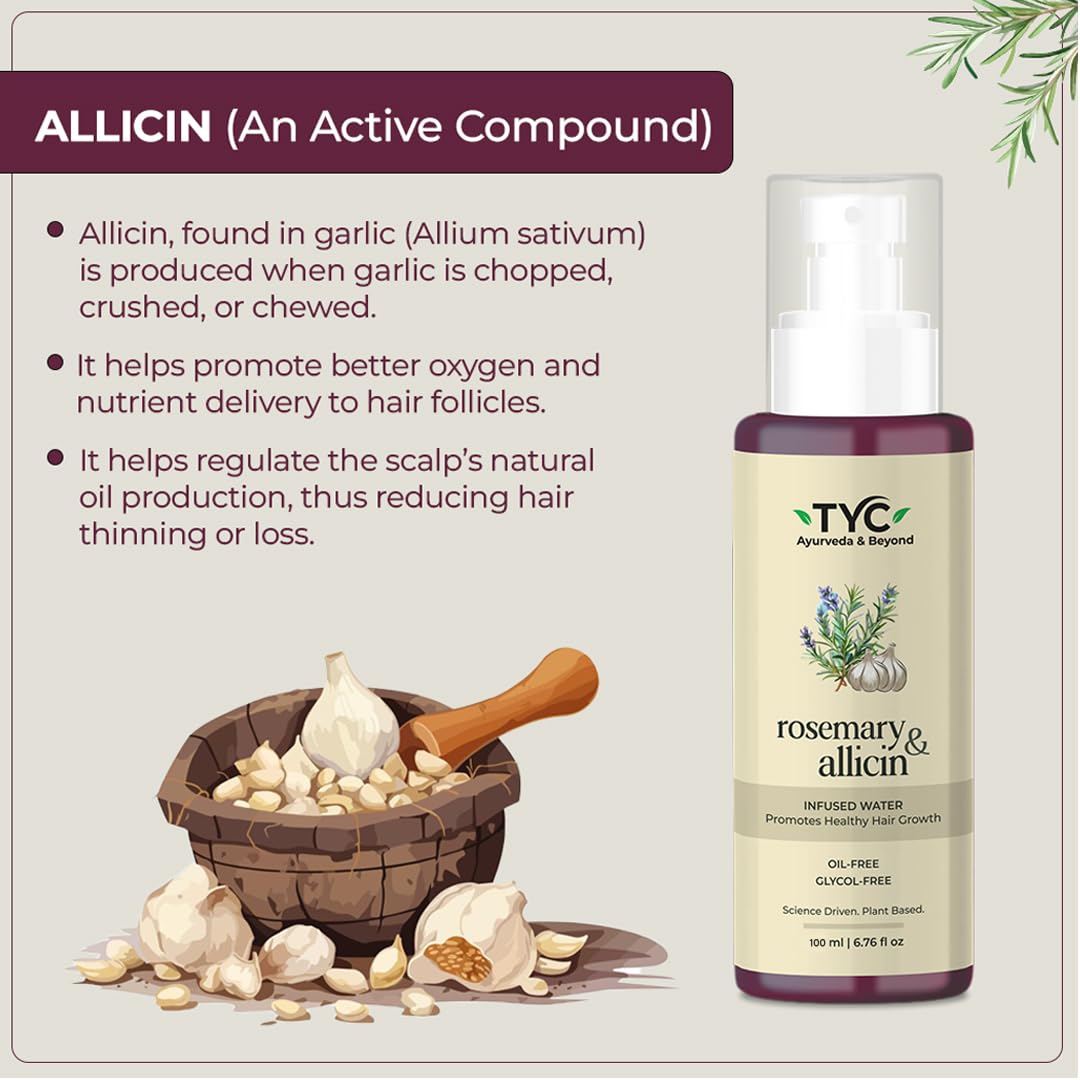 TYC - Trust Your Choice Rosemary and Allicin Water Hair Spray, Botanical Hair Mist for Hair Fall Control, Hair Growth and Scalp Health, Natural Anti-Hair Loss Treatment, 100 ml (Pack of 1)
