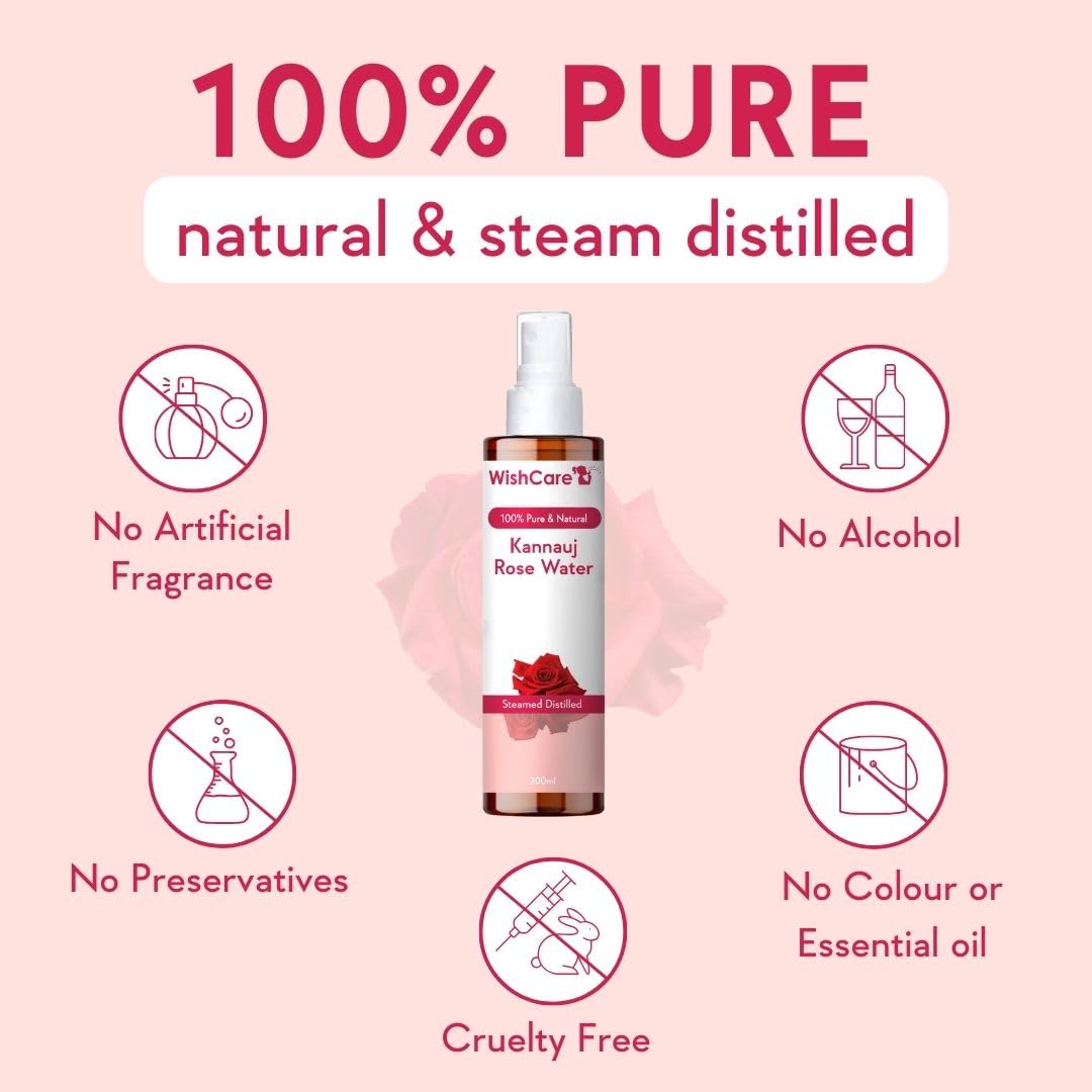 WishCare 100% Pure & Natural Rose Water Liquid - For Skin, Face & Hair - Steam Distilled - Kannauj Gulab Jal - Spray Skin Toner - Free From Paraben, Alcohol & Chemicals - 200 ml