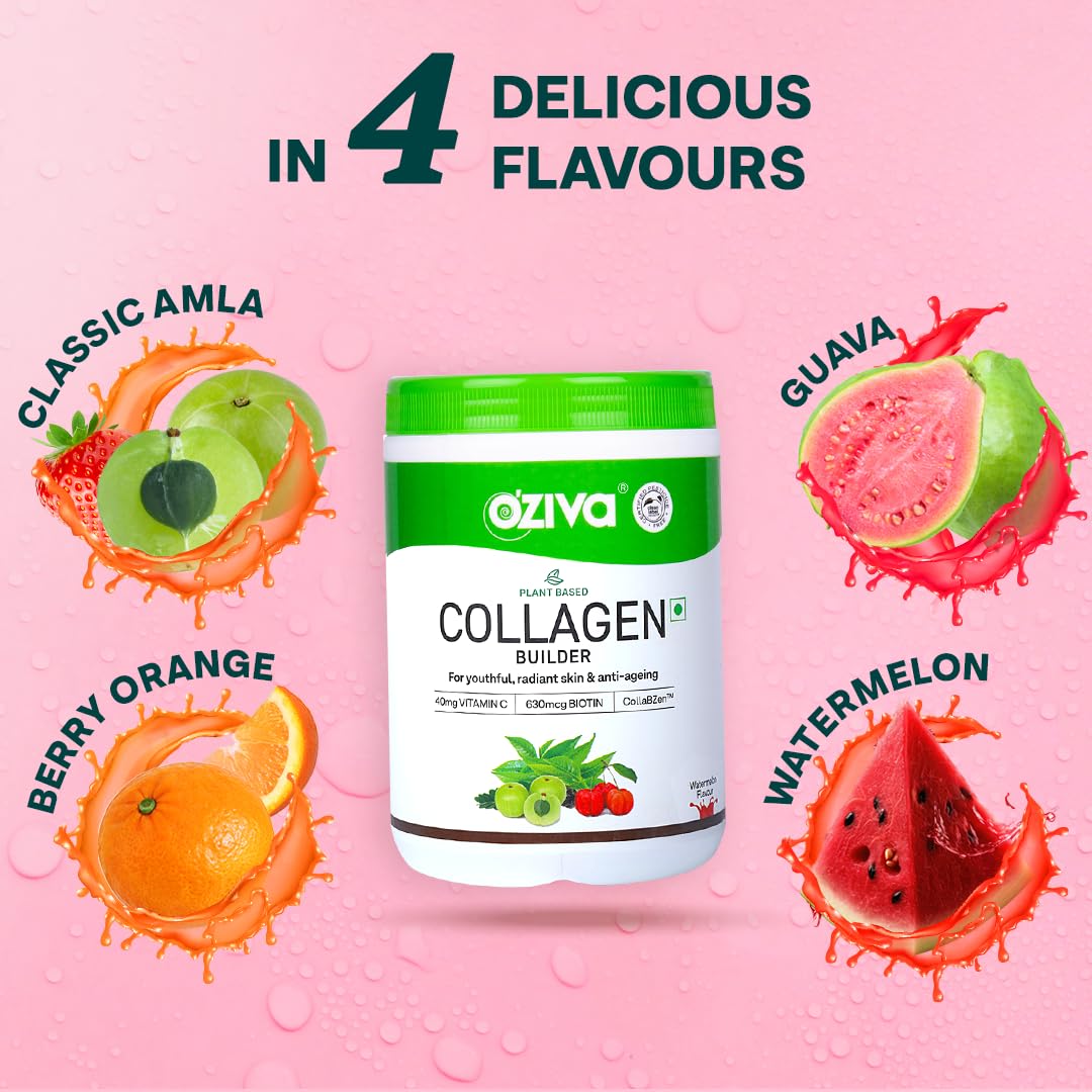 OZiva Vegan Collagen (Tangy Amla) with Biotin & Vitamin C For Brighter & Youthful Skin|Collagen Supplement For Women & Men|Plant Based Collagen Powder| Vegan (Pack of 1),1 count,200 grams