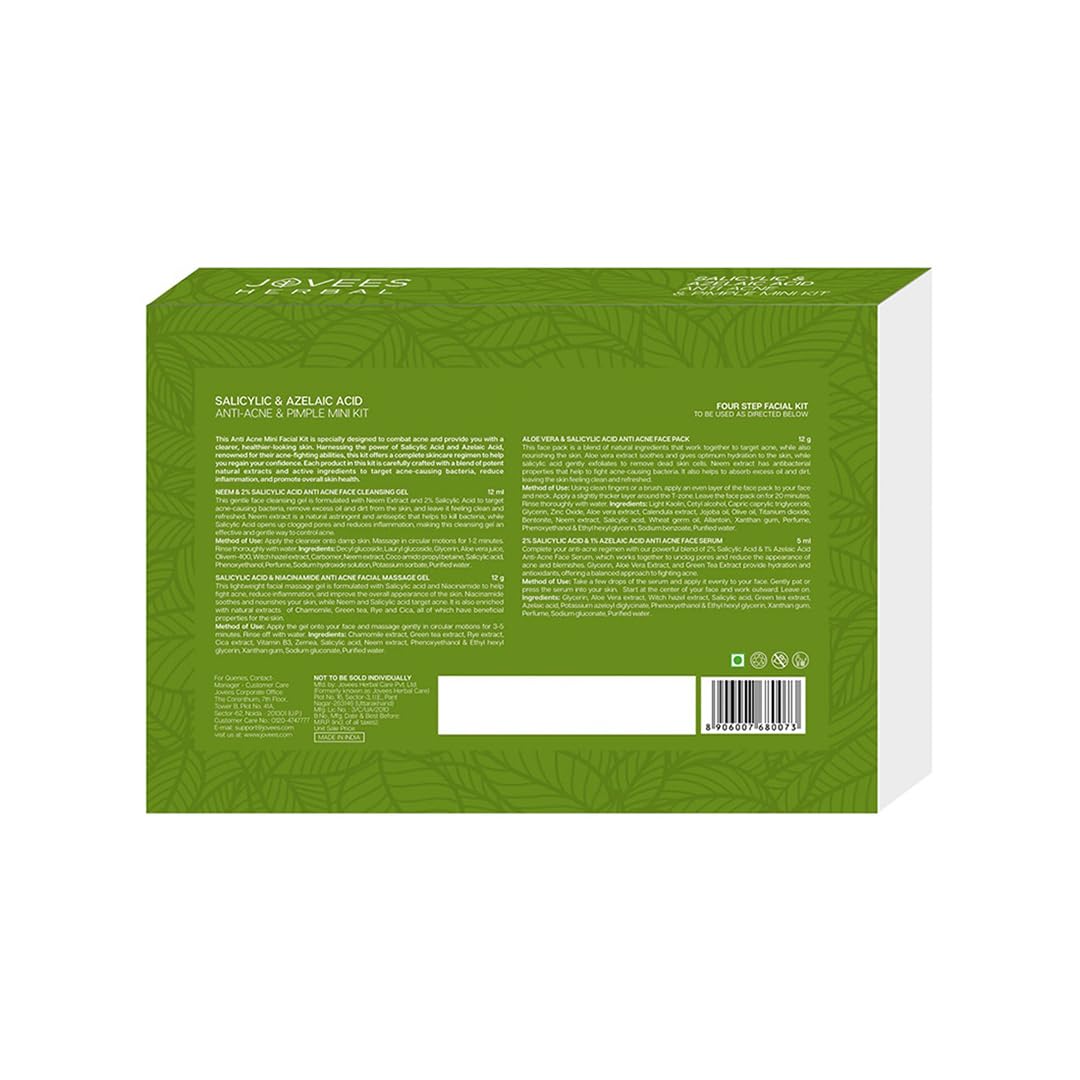 Jovees Herbal Salicylic & Azelaic Acid Anti-Acne & Pimple Mini Facial Kit For Oily & Acne Prone Skin | Easy 4 Step Facial Kit | For Multiple Use | For Men & Women 41g