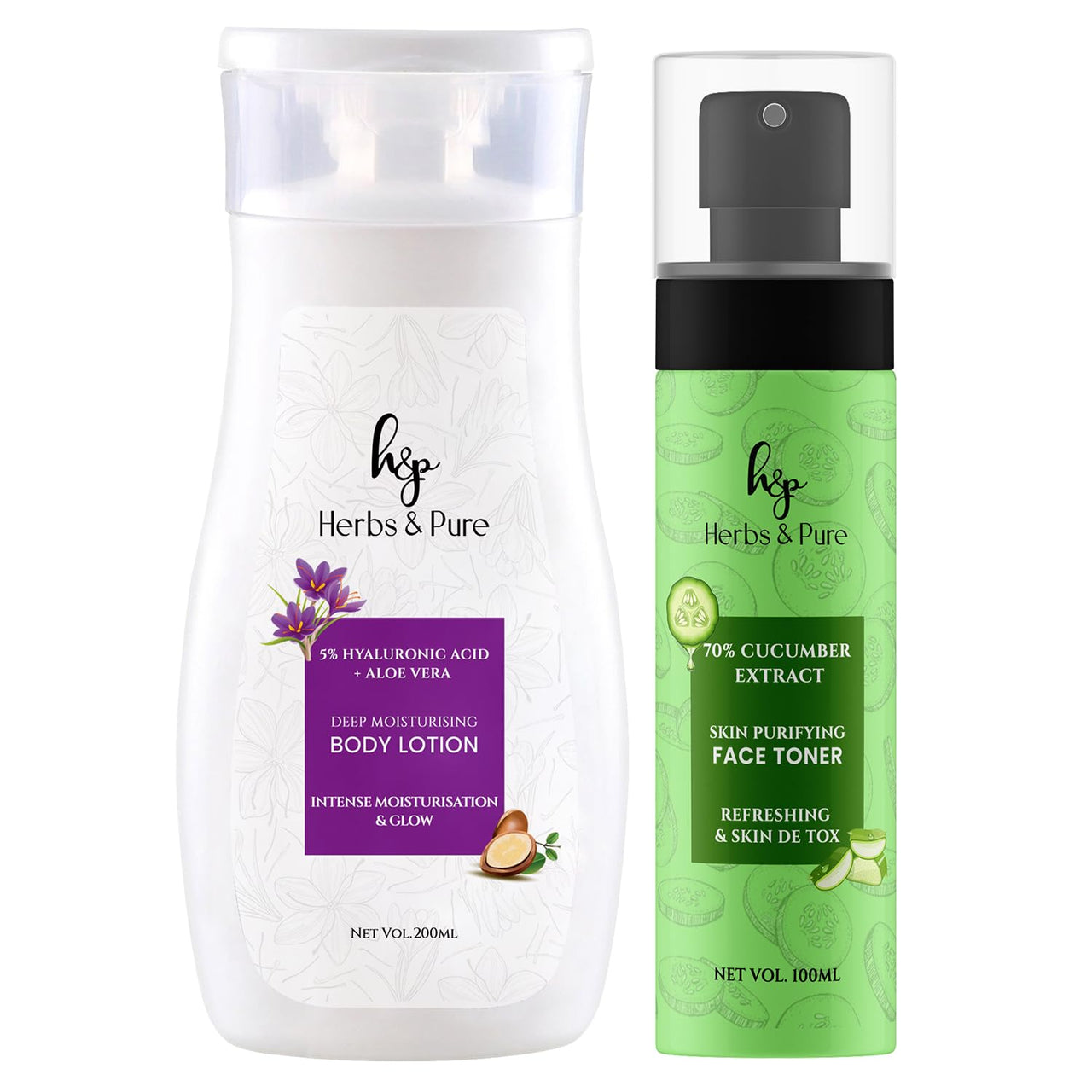 Herbs and Pure Deep Moisturising Body Lotion Spf 20, Kesar Oil And Shea Butter For, Intance Moisturisation & Skin Purifying Cucumber Face Toner For Refreshing, Free For Toxins, 300 Ml, Pack Of 2