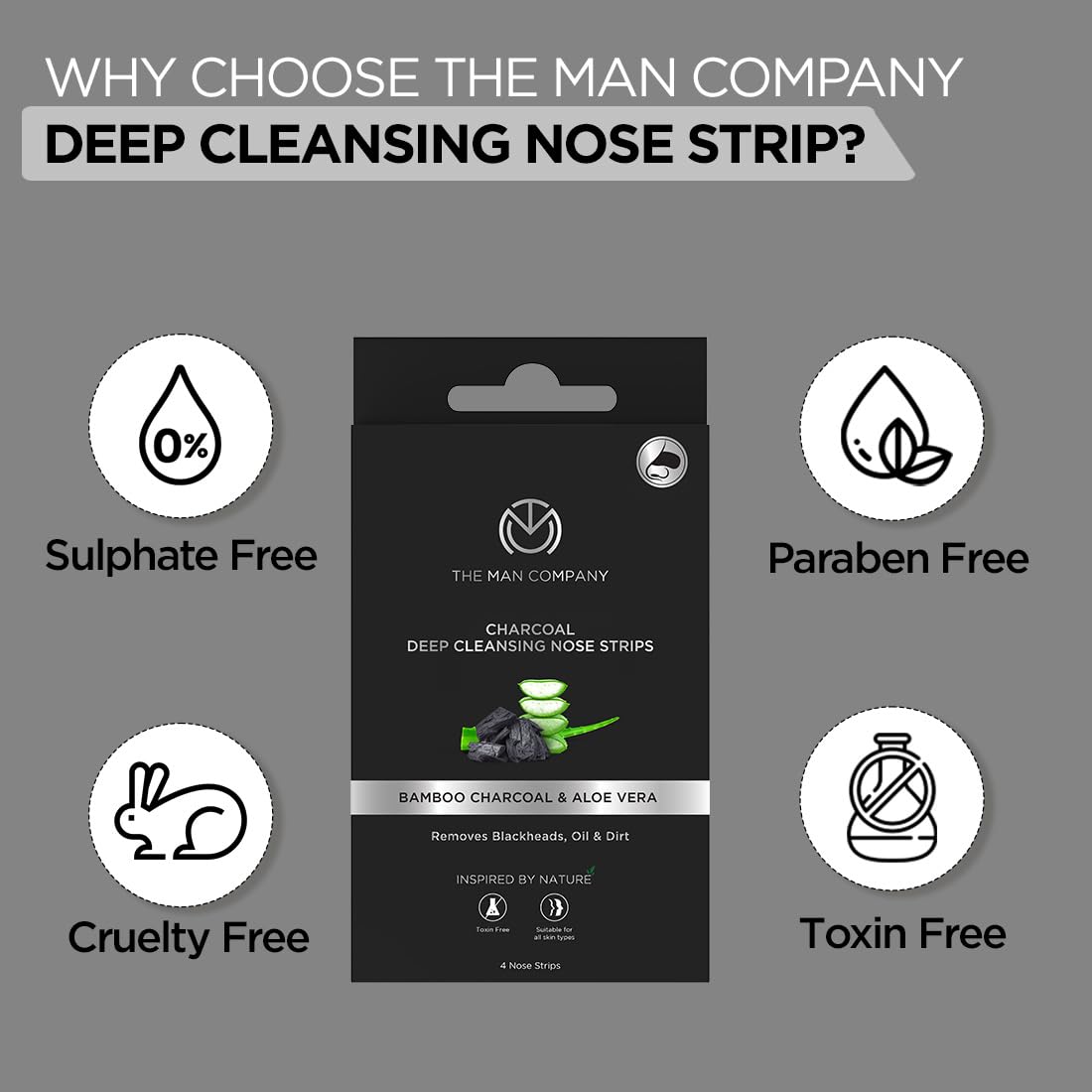 The Man Company Charcoal Nose Strips with Aloevera Extract | Whitehead & Blackhead Remover | Pores Cleanser | Dirt Free | Improves Skin Texture - 4 Strips