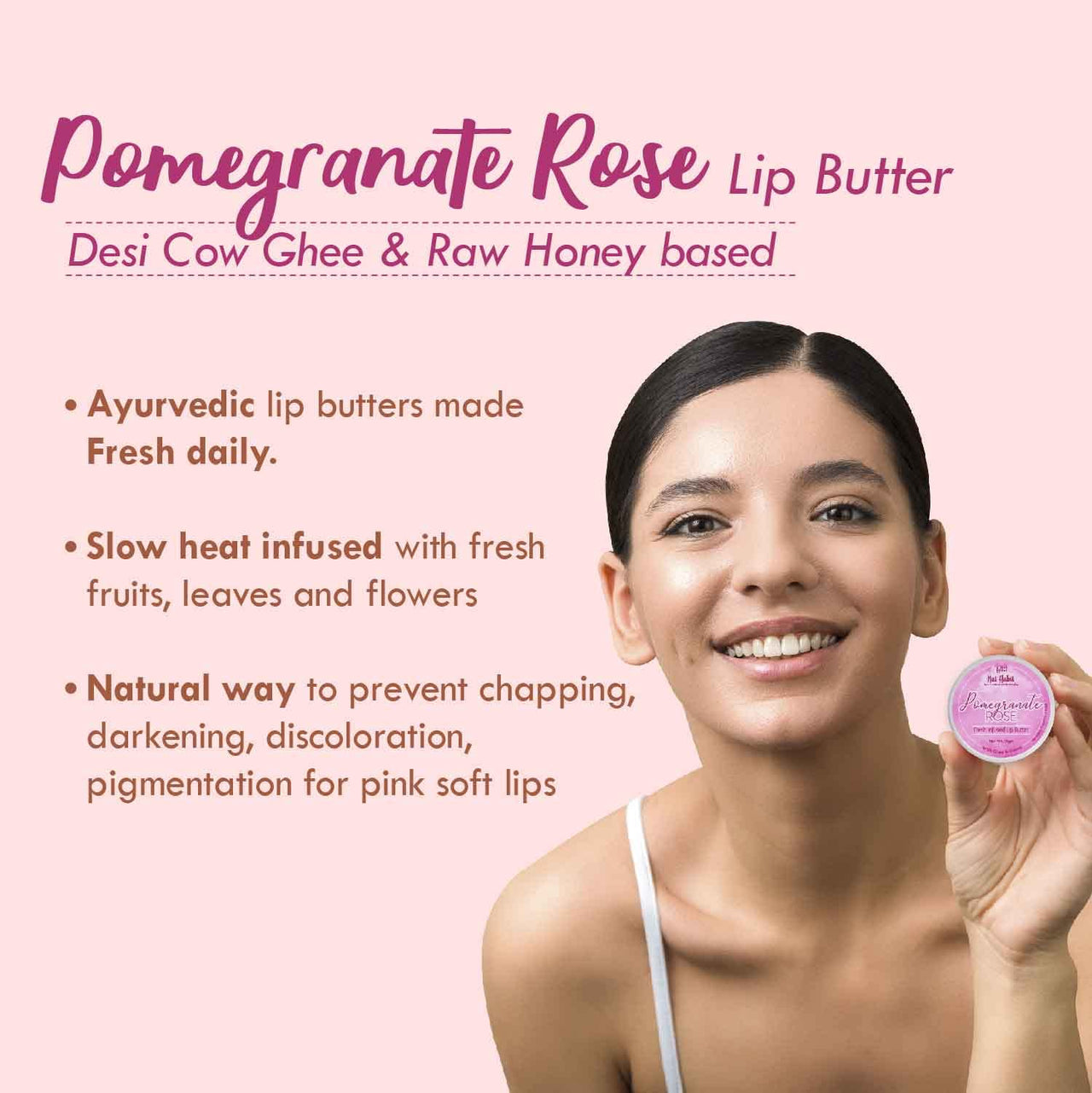 Nat Habit Lip Balm Fresh Infused Pomegranate Rose Lip Butter With Desi Ghee & Raw Honey For Lip Pigmentation, Lightening, Dark And Chapped Lips, 10gm