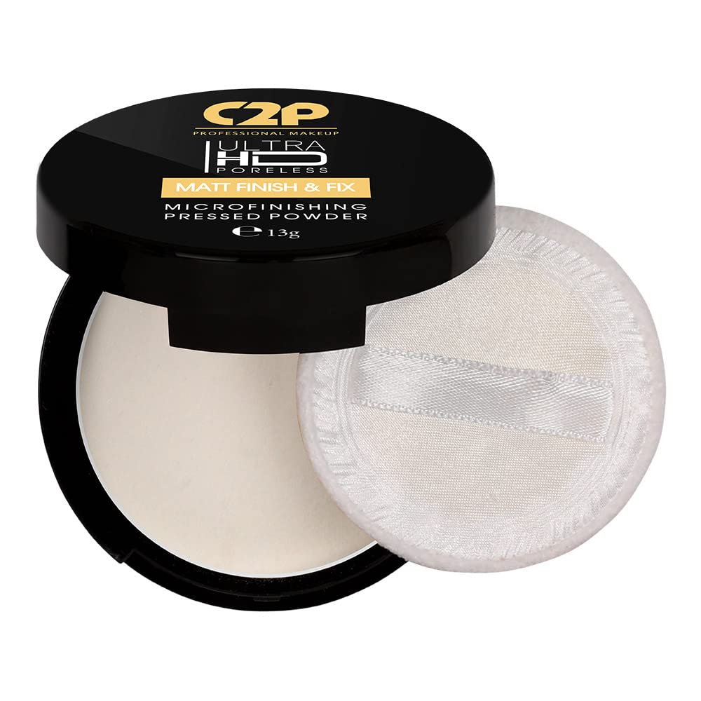 C2P Pro Ultra HD Microfinishing Pressed Powder for Face Makeup 13g | Translucent Matte Powder for All Skin Tones | Sets Makeup Controls Oil & Blurs Pores | Lightweight & Non-Drying Formula