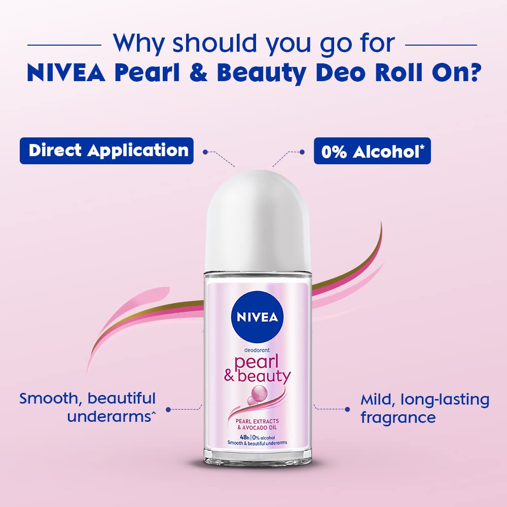 Nivea Women Deodorant Roll On, Pearl & Beauty Radiance For Eventoned Smooth & Beautiful Underarms, 50ml&NIVEA Deodorant Roll On, Pearl & Beauty For Women 50ml