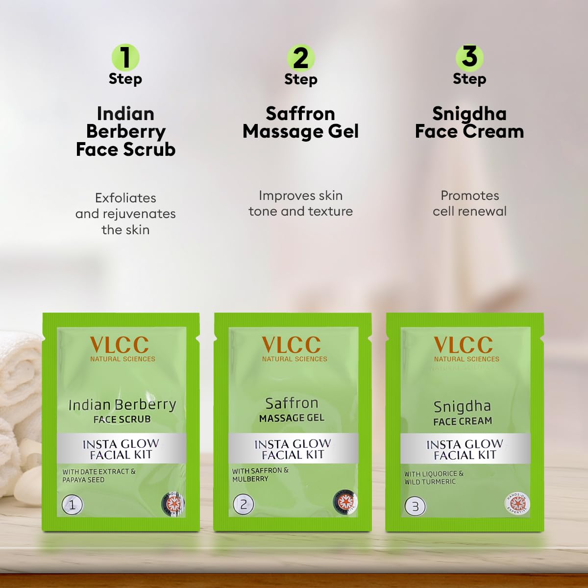 VLCC Salon Series Insta Glow Facial Kit (6 Facials) - 240g + 12ml | Fights Premature Ageing | Youthful Glow Facial Kit with Saffron & Berberry | Anti-Microbial and Complexion Brightening