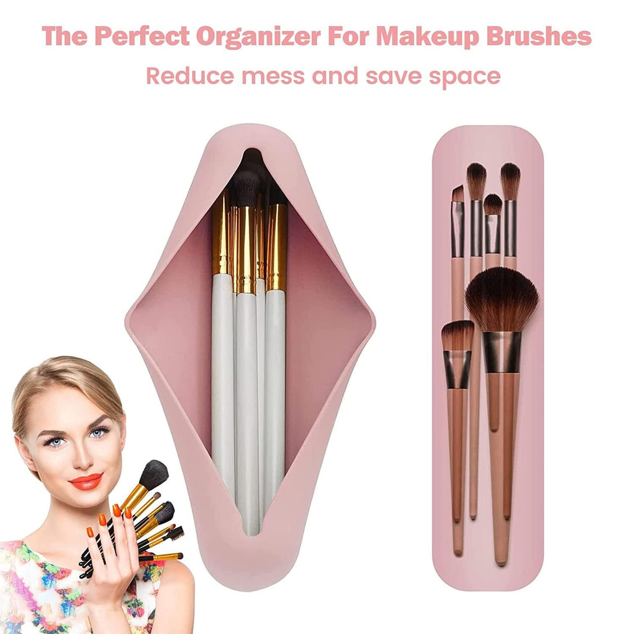 TS WITH TECHSUN Silicone Makeup Brush Holder, Beauty Storage Case Organiser for Makeup Face Brushes & Cosmetics, Magnetic Anti-Fall Out, Soft & Sleek Makeup Tools Organizer for Travel (Light Pink)