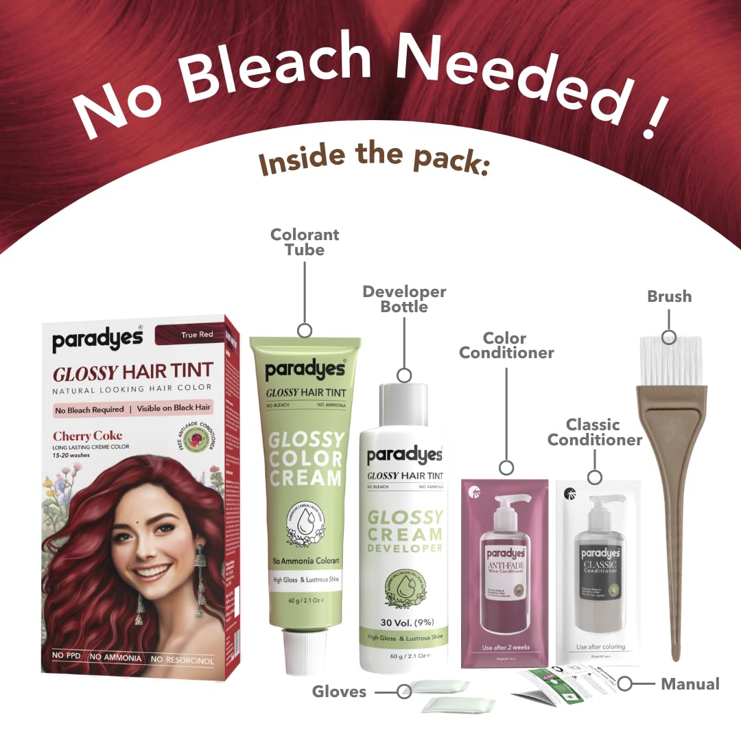 Paradyes No Bleach Cherry Coke Glossy Hair Tint, Ammonia-Free Formula for Natural Black Hair, Visible on Natural Black Hair, Includes Anti-Fade Conditioner for Long-Lasting Shine, 6.6 True Red