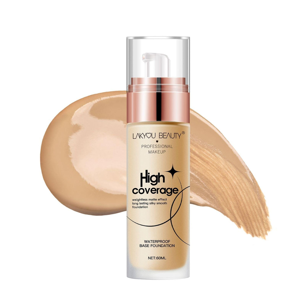 Lakyou Beauty High Coverage Foundation | Lightweight Waterproof Base Makeup | Weightless Matte Effect | Long-Lasting Silky Smooth Finish | 60ml (06(Pure Beige), 60ml)
