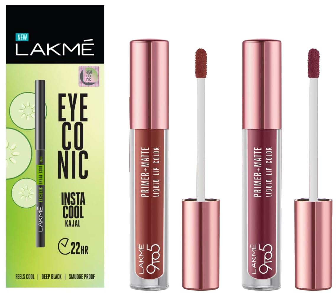 Lakmé 9to5 Primer + Matte Liquid Lip Color MM1 Edgy Mauve & LAKMÉ Eyeconic Insta Cool Kajal, Black & Lakmé 9to5 Primer + Matte Liquid Lip Color MB2 Intense Latte
