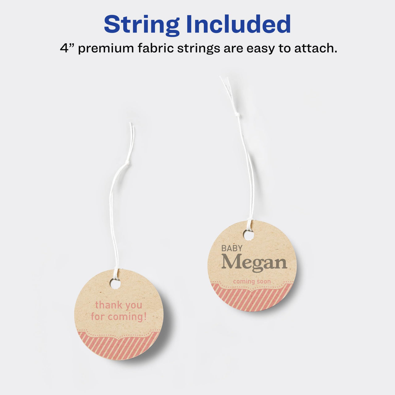 Avery Kraft Brown Round Tags with Sure Feed Technology, 2" Diameter, Laser/Inkjet, 96 Printable Tags with Strings Included, Also Great for Gift Tags and Favor Tags (80515)