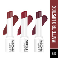 Hilary Rhoda Matte Trio Lipstick | Matte Finish & Long Lasting Lipstick | Pack of 3 Lipsticks | Highly Pigmented & Glides Smoothly | Vegan & Cruelty-Free - (Red-volution Trio, 3g x 3U)