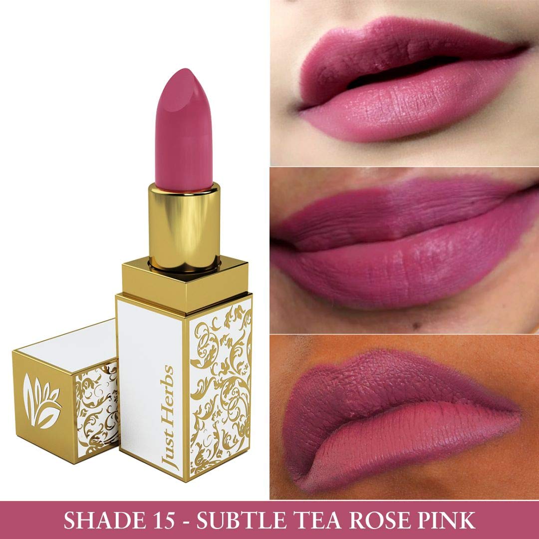 Just Herbs Natural & Organic Herb Enriched Ayurvedic Creamy Matte Lipstick For Dry & Chapped Lips- Paraben & Chemical Free Lipstick (Subtle Tea Rose Pink, Shade no. 15)