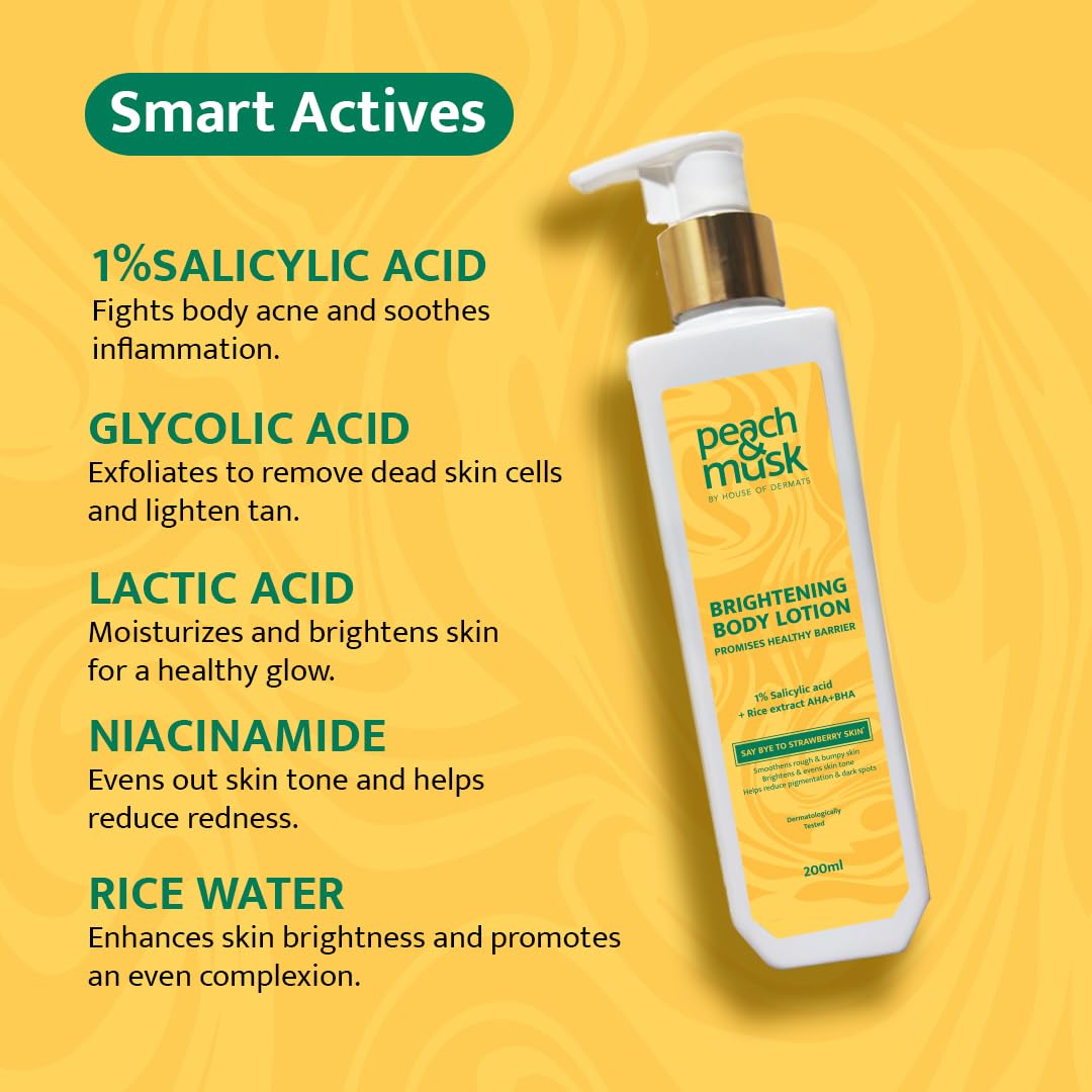 Peach and Musk 1% Salicylic Acid Skin Brightening Body Lotion, Rice Extract with AHA + BHA Reduces Appearance of Strawberry Skin, Reduces Pigmentations & Dark Spots, Both Men and Women- 200ml