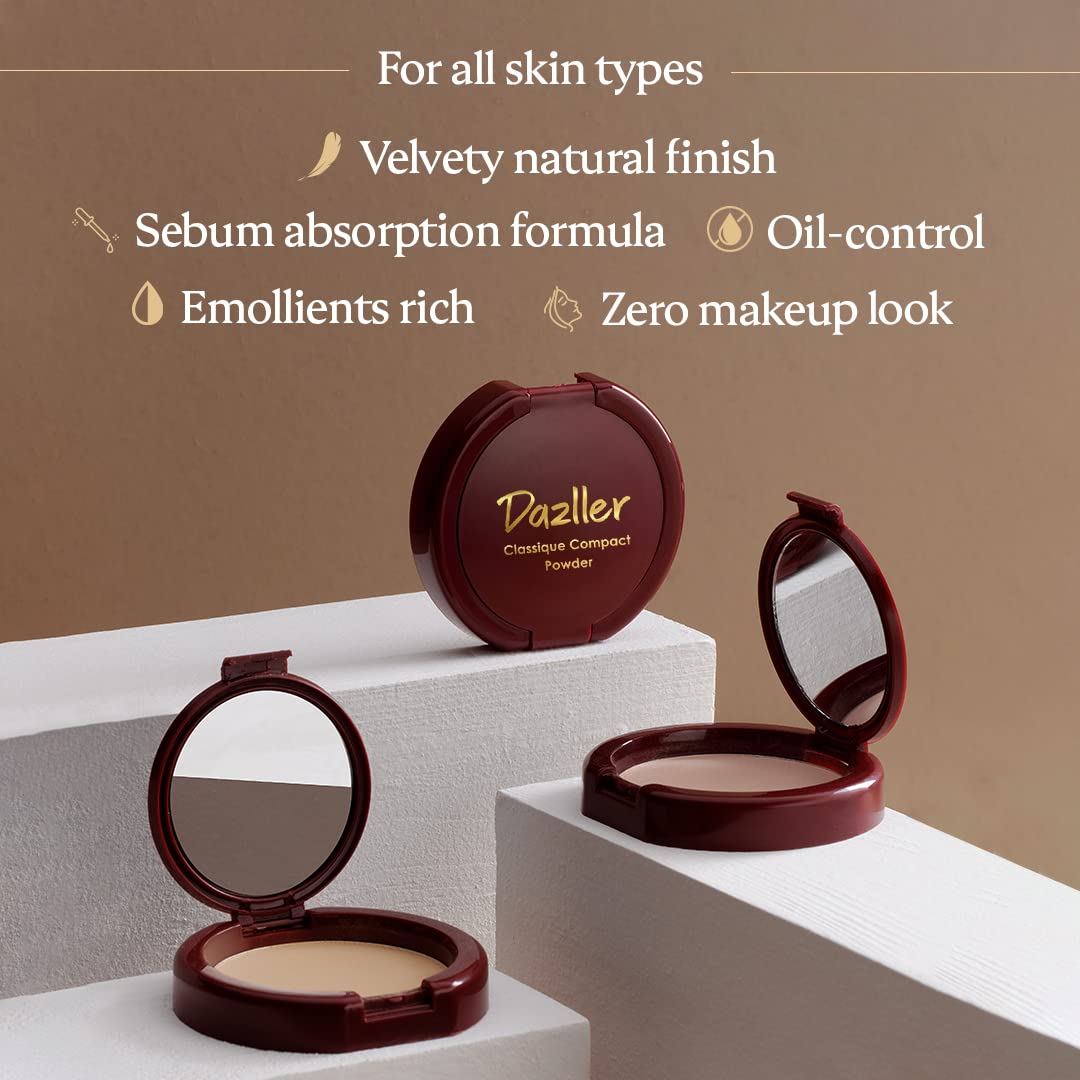 Dazller Classique Compact Powder, 9g - (Pack of 2), 8003 Soft Caramel, Velvety Natural Finish, Oil-Control, Sebum Absorption Formula, No-makeup look, Emollient-rich