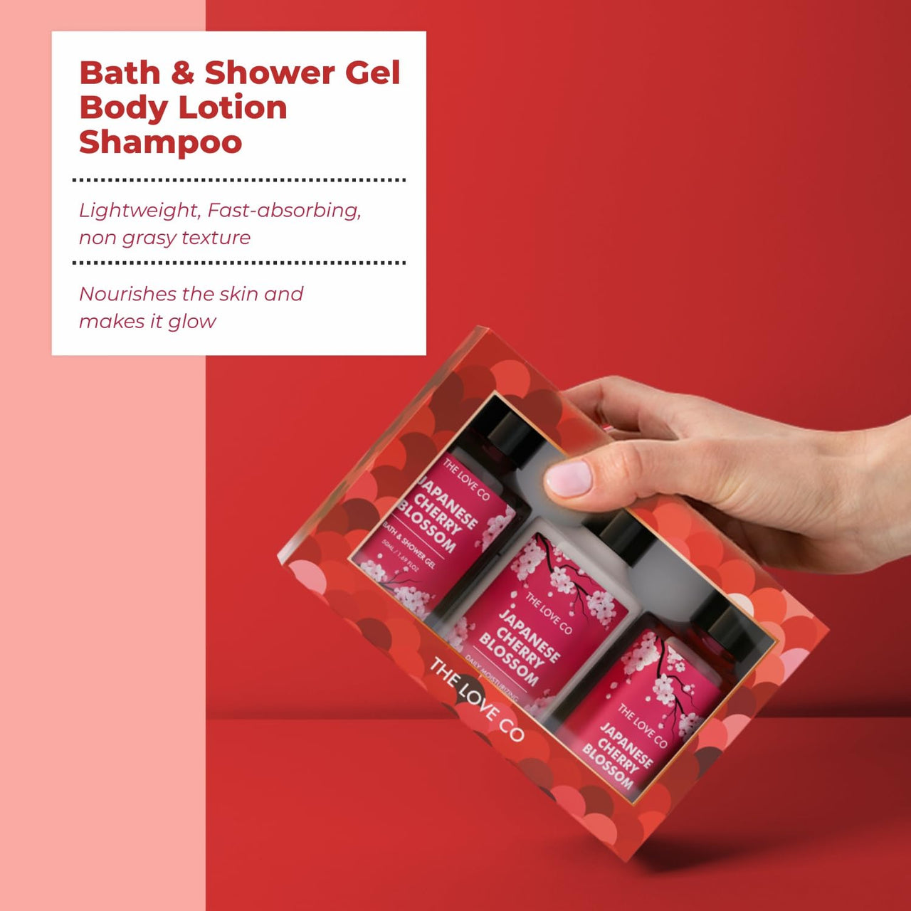 THE LOVE CO. Japanese Cherry Blossom Gift Collection| Indulge in Travel Pack Shower Gel, Body Lotion & Shampoo | Ideal Birthday & Special Occasion Hamper - Pack of 3