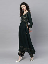 ishin Women's  Rayon Green Printed Anarkali Kurta set With Palazzo