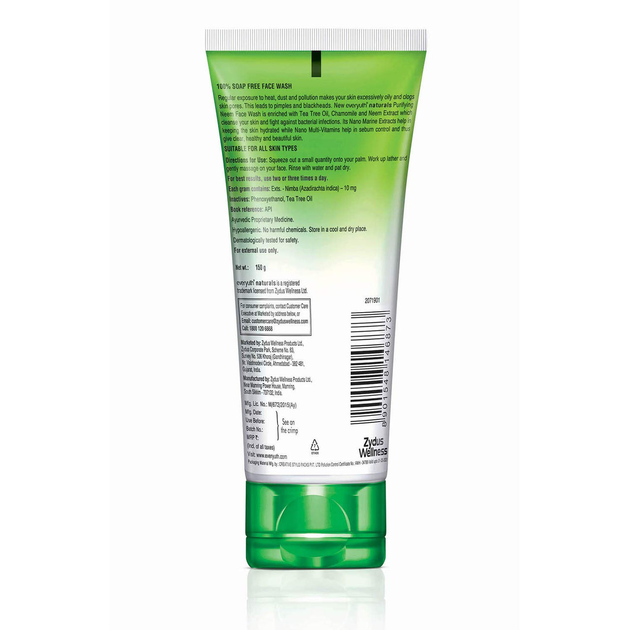 Everyuth Naturals Purifying Neem Face Wash|Antibacterial Neem&Tea Tree Oil|Hydrated,Clear&Healthy Skin|Paraben Free|100% Soap Free|Oily,Dry,Normal,Combination&Sensitive Skin -150 G (Pack Of 2)