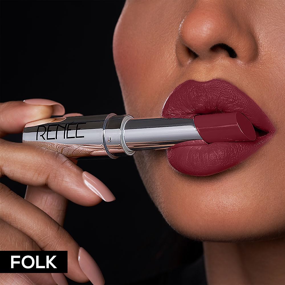 RENEE Matte Lock Lipstick- Folk, Moisturizing, Long Lasting & Weightless Formula, Intense Color Pay Off with Ultra-Matte Finish, Enriched with Avocado oil, Vitamin E, D & Beta-Carotene, 3.5 Gm