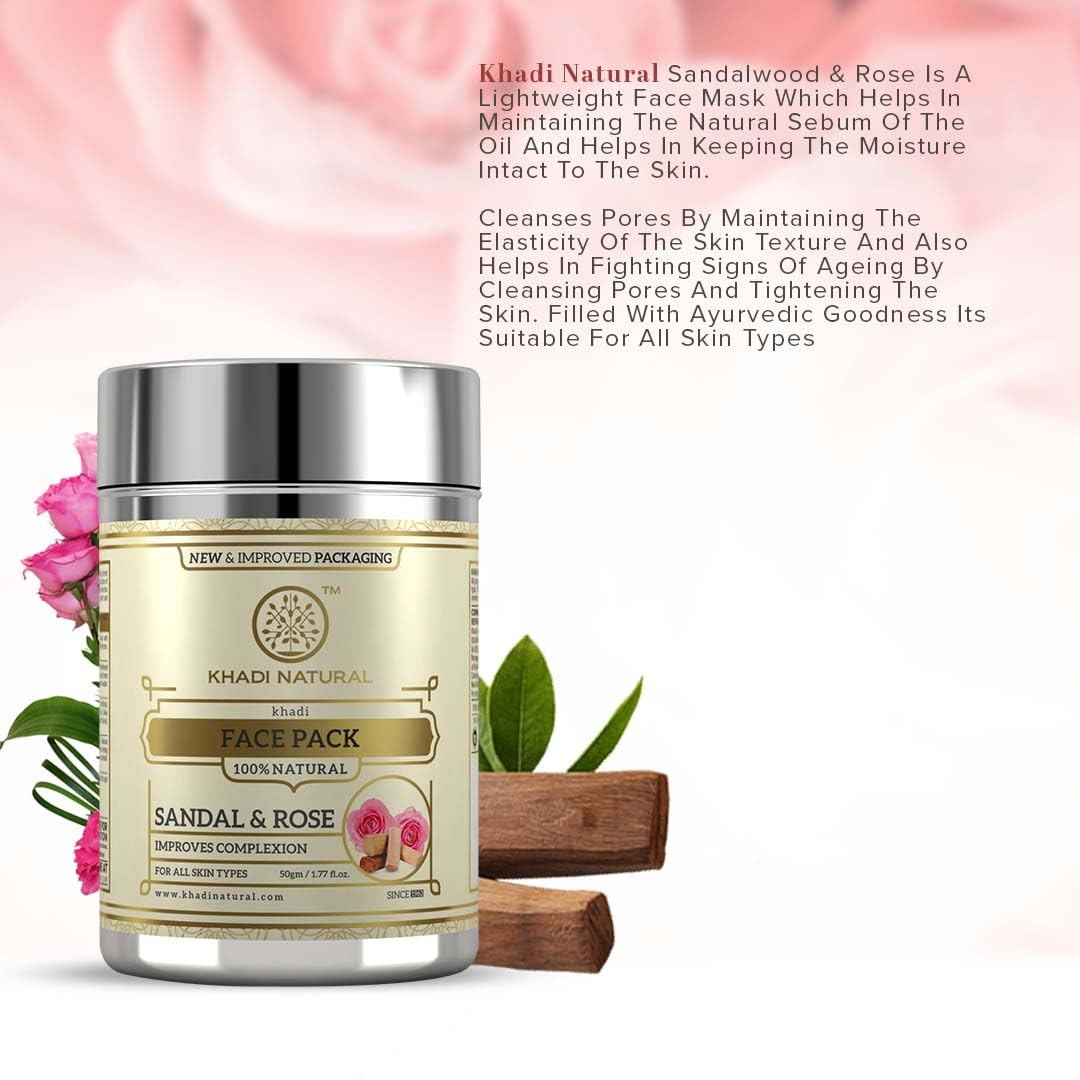 Khadi Natural Sandal and Rose Herbal Face Pack, 50g| Face Pack for Controlling Excess Oil | Natural Face Pack for Acne | Herbal Face Pack for Glowing Skin | Suitable for All Skin Types