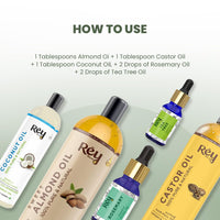 Rey Naturals Complete Hair Care Kit- Castor Oil+Coconut Oil+Almond Oil+Rosemary Oil+Teatree Oil