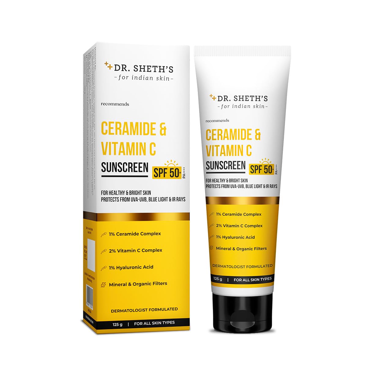 Dr. Sheth's Ceramide & Vitamin C Sunscreen | SPF 50+ Pa+++ | In-Vivo Tested | For Bright Skin & Healthy Glow | Non-Greasy, Quick-Absorbing, No White Cast | UVA/B & Bluelight Protection | For Men & Women | For All Skin Type | 125 g