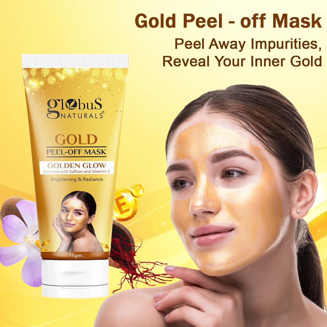 Globus Naturals Gold Peel Off Mask For Golden Glow, Enriched with Saffron & Vitamin-E, Brightening & Radiance, Suitable For All Skin Types, 75 g (Pack of 2)