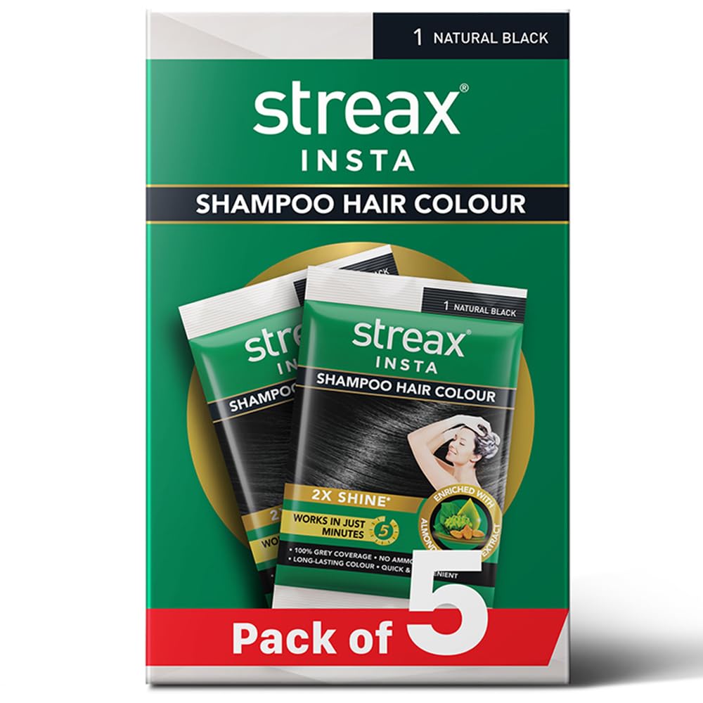 Streax Insta Shampoo Hair Colour for Women & Men, Natural Black 1 - Pack of 5|Hair Colour Black|100% grey coverage |Long Lasting Hair Color, easy to use| Ammonia Free Hair Color, No Paraben & Sulphate