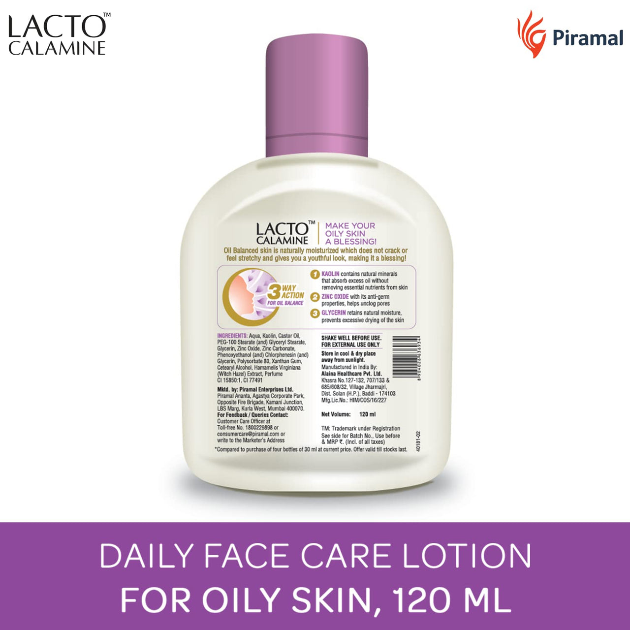 Lacto Calamine Face Lotion for Oil Balance - Oily Skin - 120 ml & Lacto Calamine Aloe Vera Gel with 99% Pure Natural Aloe Vera, Vitamin E and Glycerin - 150 g - Pack of 1