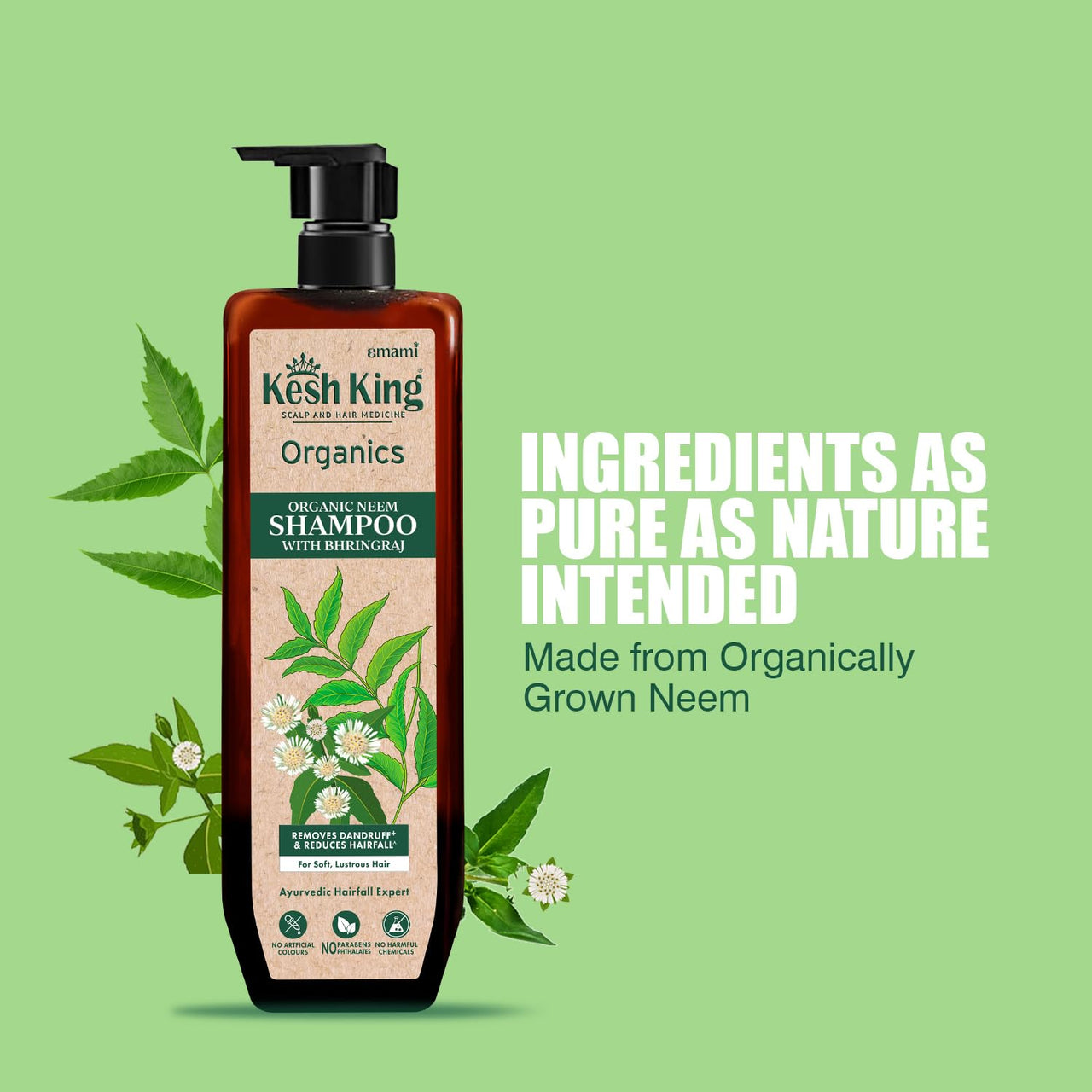 Kesh King Organics Neem & Bhringraj Anti Dandruff shampoo, reduces hairfall, certified organic ayurvedic formula for flake free healthy scalp, sulphate & paraben free, 300ml